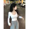 Women's U Neck Long Sleeve T-Shirts Slim Fit Solid Casual Fall Cropped Tops