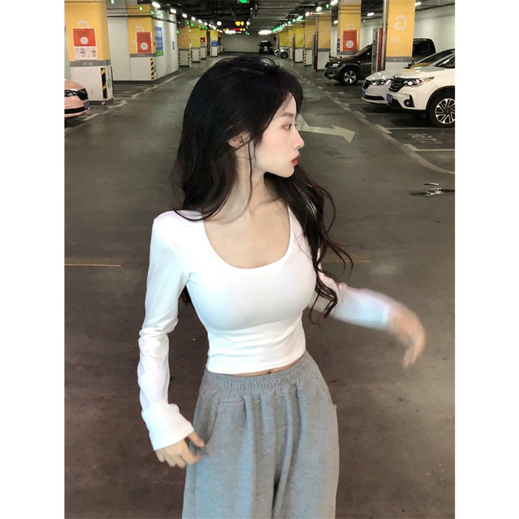 Women's U Neck Long Sleeve T-Shirts Slim Fit Solid Casual Fall Cropped Tops