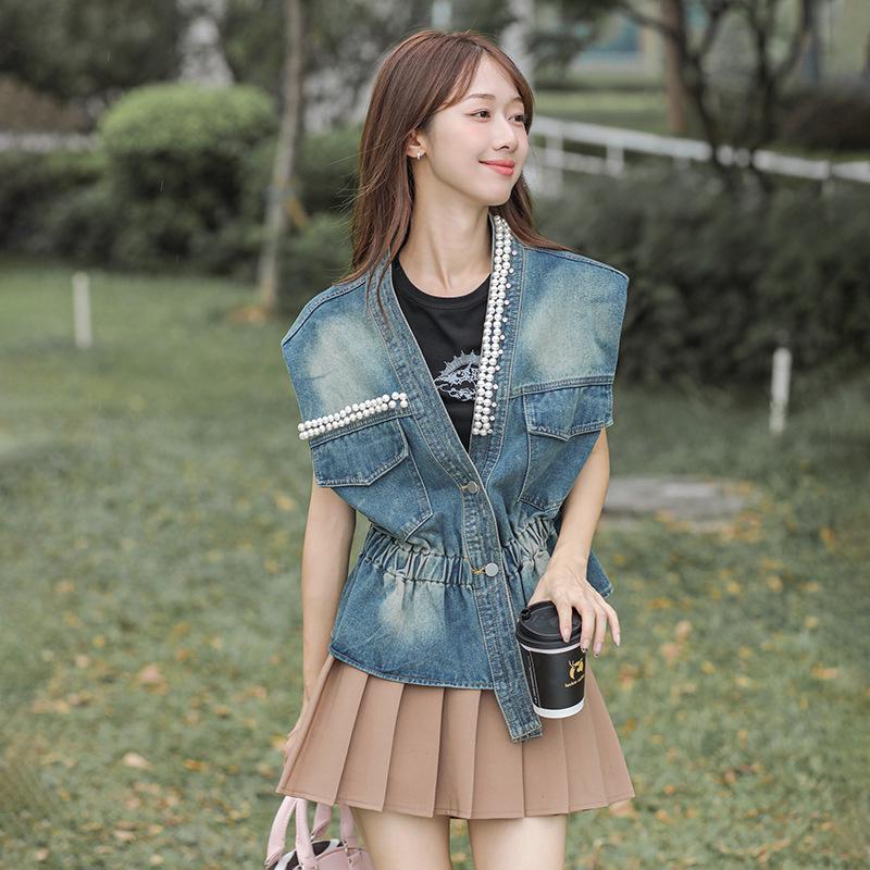 Korean Style Beaded Denim Jacket for Women - Autumn Loose Fit, Waist-Cinching Retro BF Fashion One Size синий
