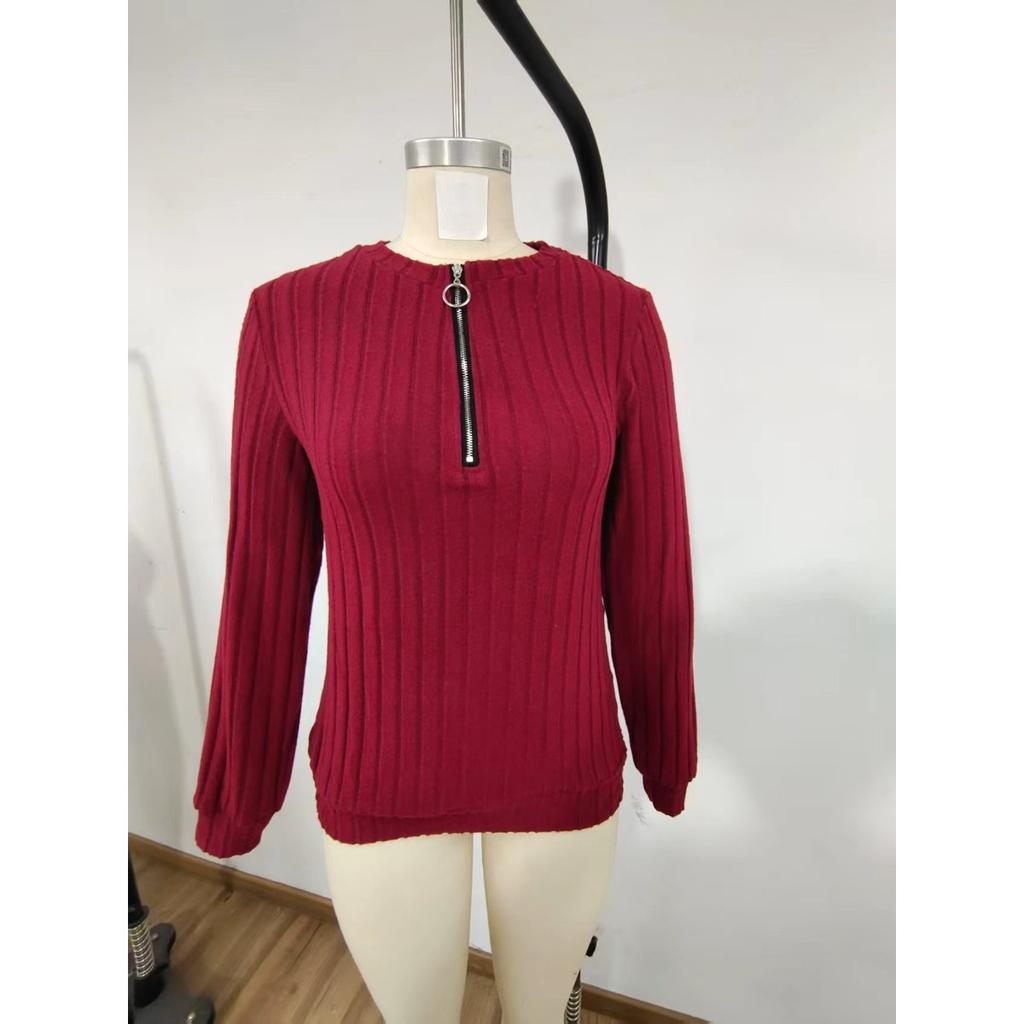 Høst og Vinter Dame Strikket Ribbestrikket Ensfarget Stoff Glidelås Langermet Dame T-skjorte