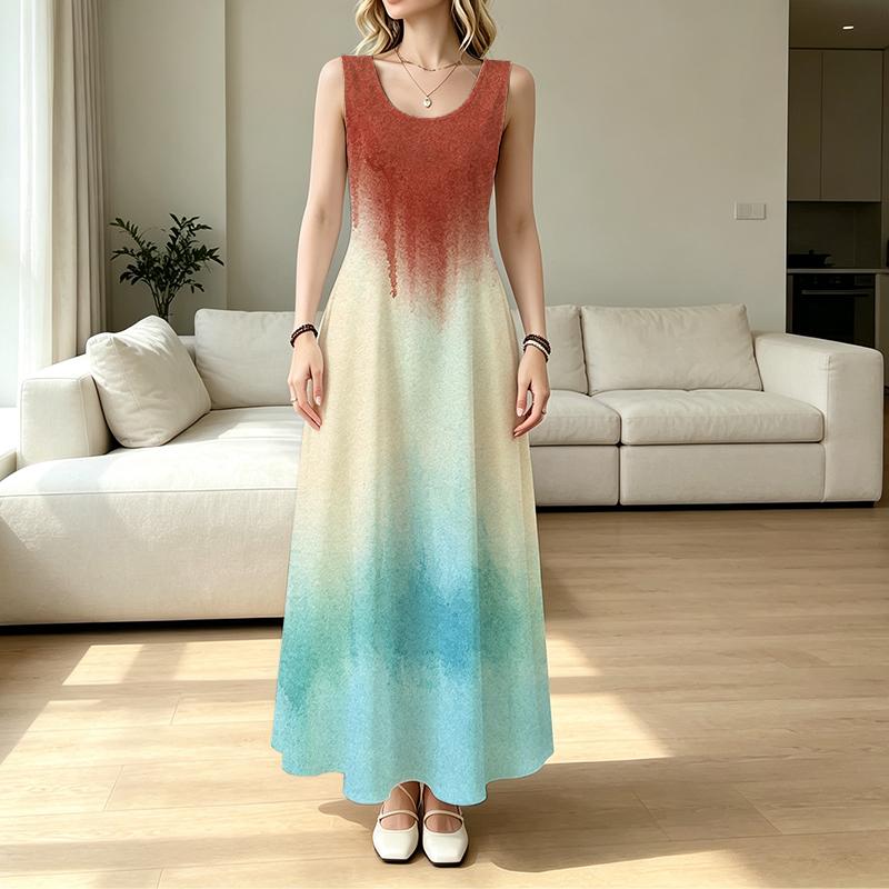 Bohemian Sleeveless A-Line Gradient Maxi Dress,Comfortable Tank Style for Casual Home & Outdoor Wear