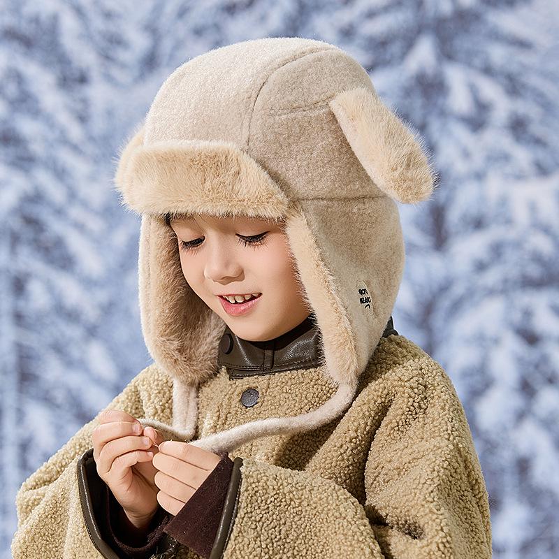 Kids' 2025 Autumn/Winter Lei Feng Hat: Thickened Pom-Pom Ear Protection, Plush Warmth for Boys & Girls.