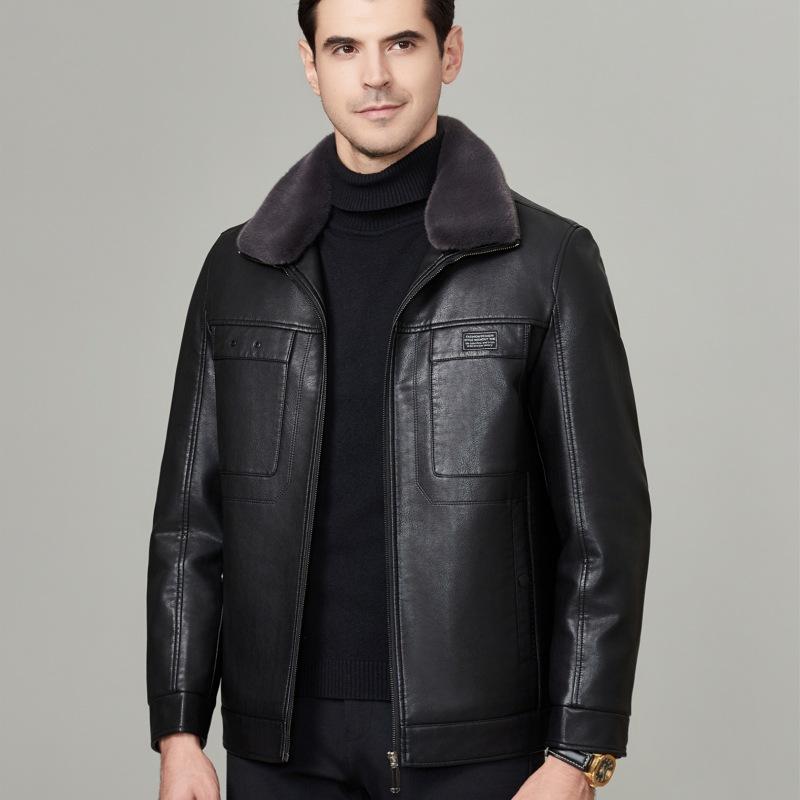 Genuine Leather Jacket Men's Winter Velvet Thickened Fur All-in-one Middle-aged and Elderly Casual Jacket Sheepskin Leather Jacket