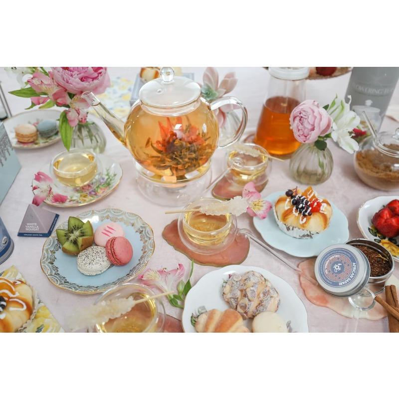 Complete Tea Set – Glass Teapot (40 Oz), Loose Tea Glass Infuser, 4 Insulated Glass Teacups, Tea Warmer, and 12 Flowering