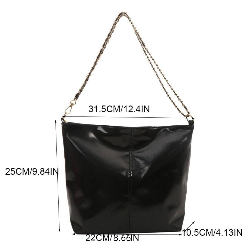 Shiny PU Leather Tote Bag Solid Color Women Handbag Retro Chain Shoulder Bag Girls