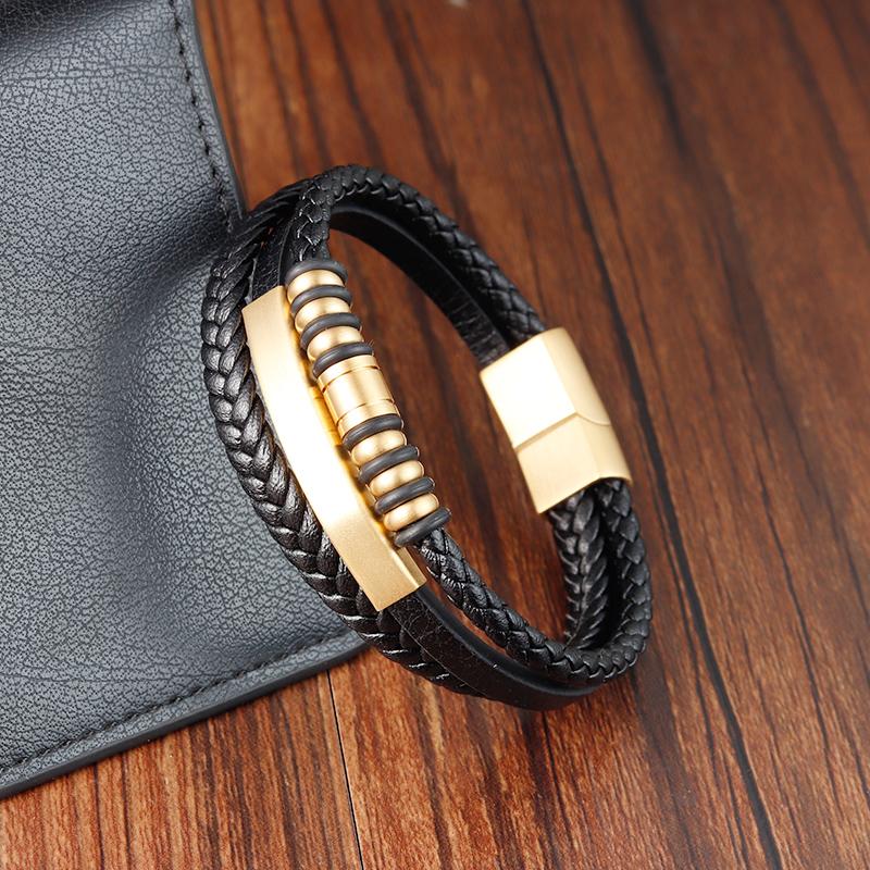 Men's Leather Braided Bracelet Stainless Steel Magnet Buckle Multi-layer Handmade Bangles Retro Simple Bracelet Wholesale