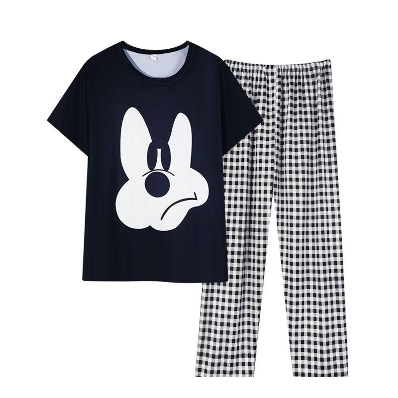 Cartoon Mickey Korean Plaid Control Pajamas Women's Summer Simple Casual Round Neck Short-sleeved Loungewear Suit Can Be Worn Outside