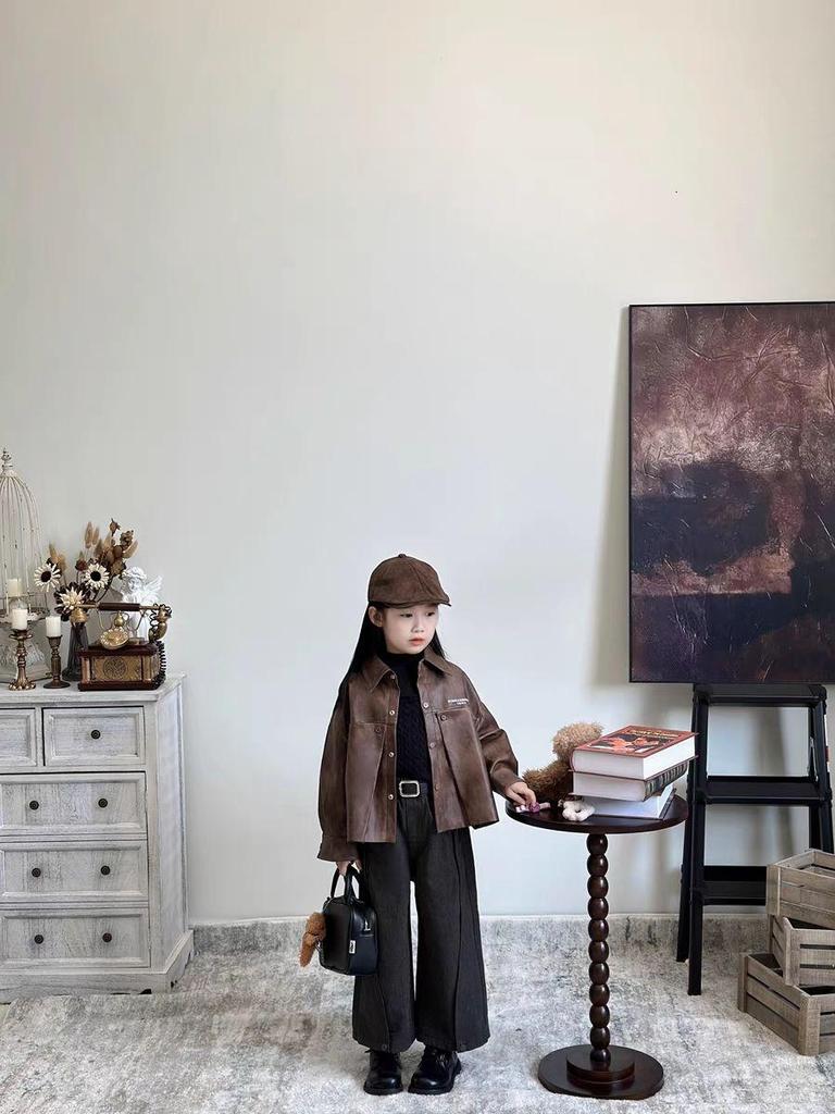 Girls' 2024 Autumn/Winter Sweet Retro Leather Jacket & Sweater Set with Wide-Leg Pants