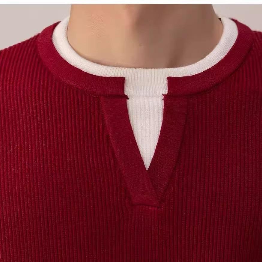 Men's Red V-Neck Sweater: Fake Two-Piece Design, Zodiac Year, Autumn/Winter Knitwear, Versatile Inner/Outer Layer, New Year Style.