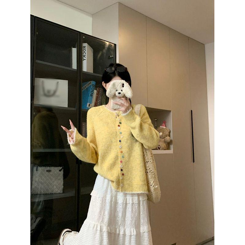 Kumikumi Sweet Chic Color Button Sweater Outwear Female Autumn Loose Slim Looking Niche Style Anti-Aging Top
