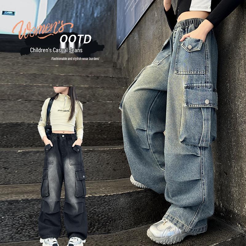 

2025 Girls Fashionable Cargo Jeans - Spring/Autumn Wear for Kids 140 cm чёрный