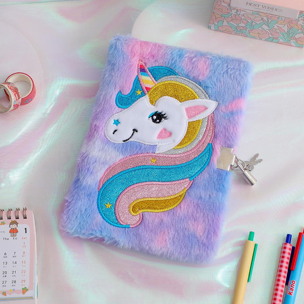 Unicorn Cartoon Lock Plush Notebook - Cute Diary for Students, Girls' Gift