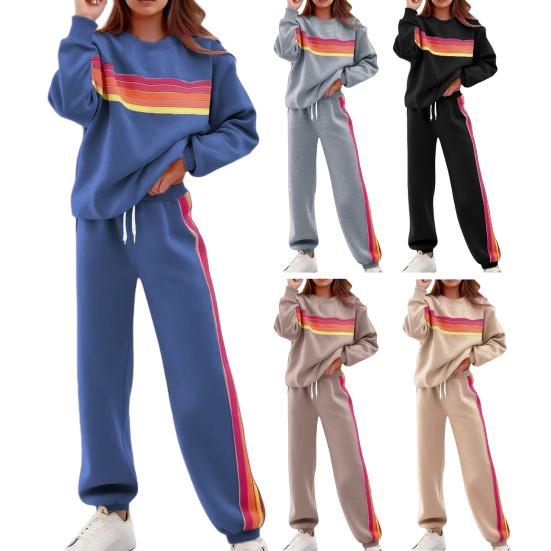 Damen 2-teilige Lounge-Outfits Regenbogen gestreiftes Sweatshirt High Waist Sweatpants Trainingsset Langarm Reise-Trainingsanzug