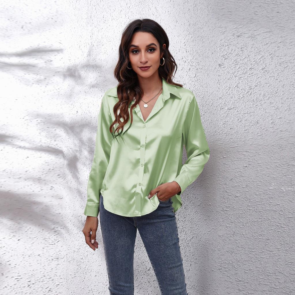 Satijnen Blouse Voor Dames Met Lange Mouwen En Knoopsluiting Voor Kantoor
