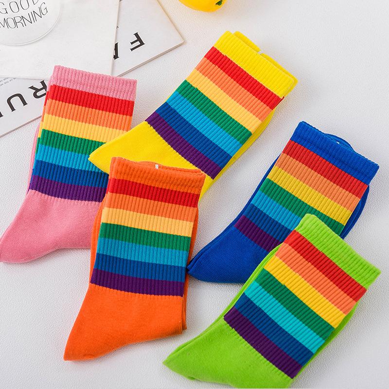 5 Pairs of Women's Rainbow Striped Socks, Fashionable, Comfortable, Soft, Breathable, Cute Candy Colored Mid Tube Couple Socks
