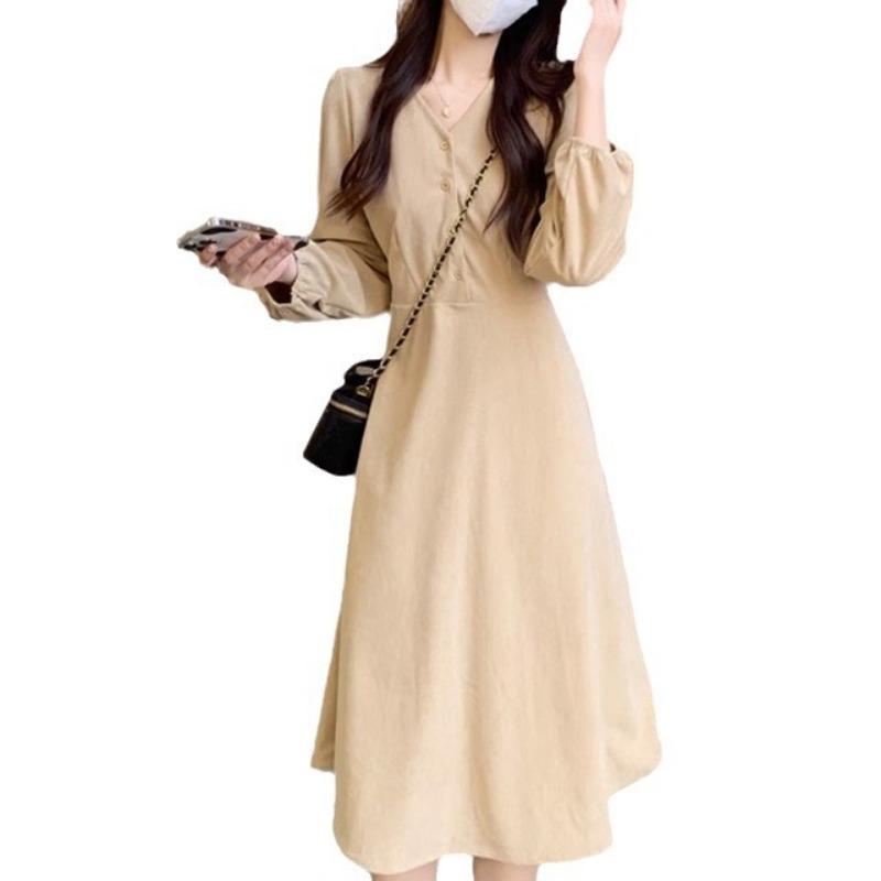 Women's Spring French Style Retro V-neck Strap Waist Slimming Quality Corduroy Dress