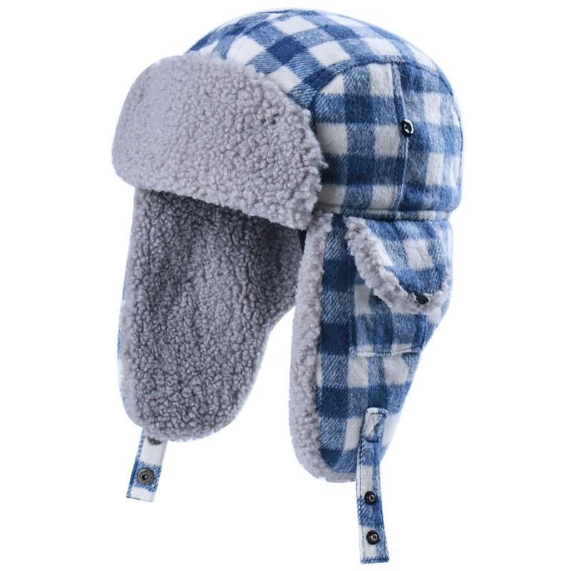 Winter Warm Ear Protection Hat Knit Plaid Beanie Cap Outdoor Cold Weather Use