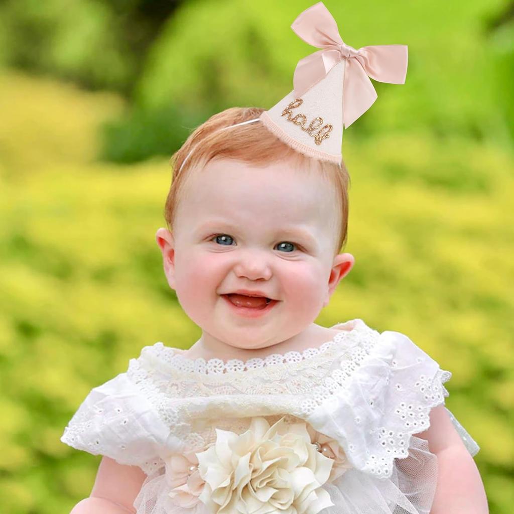Birthday Hat with Bow Sequins Digital Cone Shape Photo Props One-year-old Princess Style Bow Birthday Hat Pink