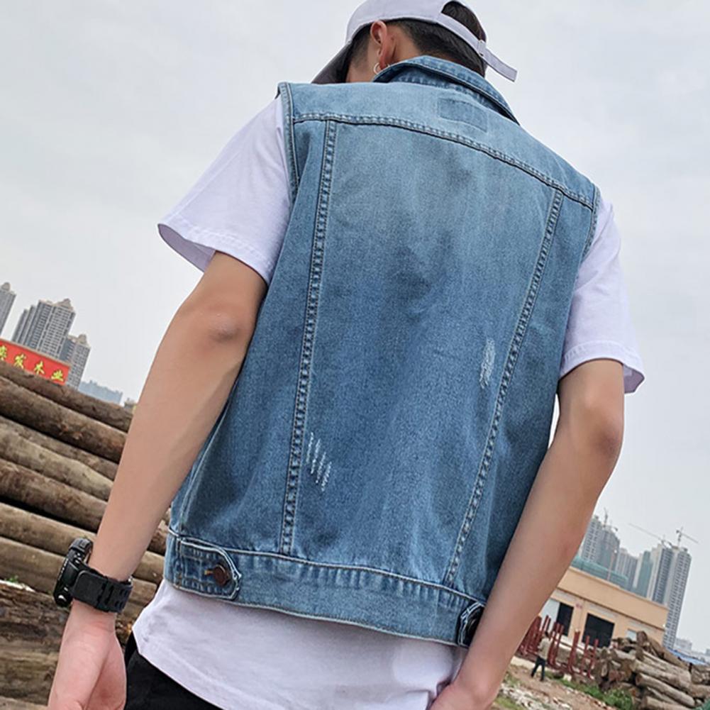 Men Lapel Sleeveless Denim Jacket Ripped Holes Pockets Single Breasted Denim Waistcoat Washed Loose Fit Casual Waistcoat