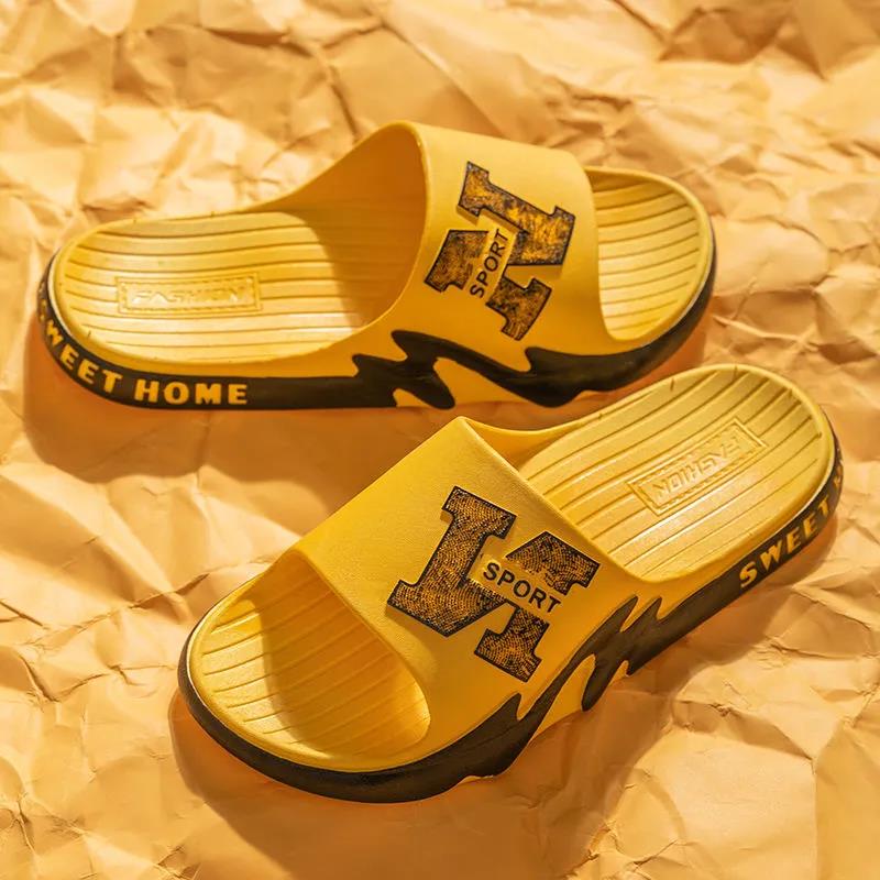 Man's Slippers In Summer Soft Sole Anti-slip Indoor Shower Slippers Versatile Solid Color Casual Print Flat Slippers