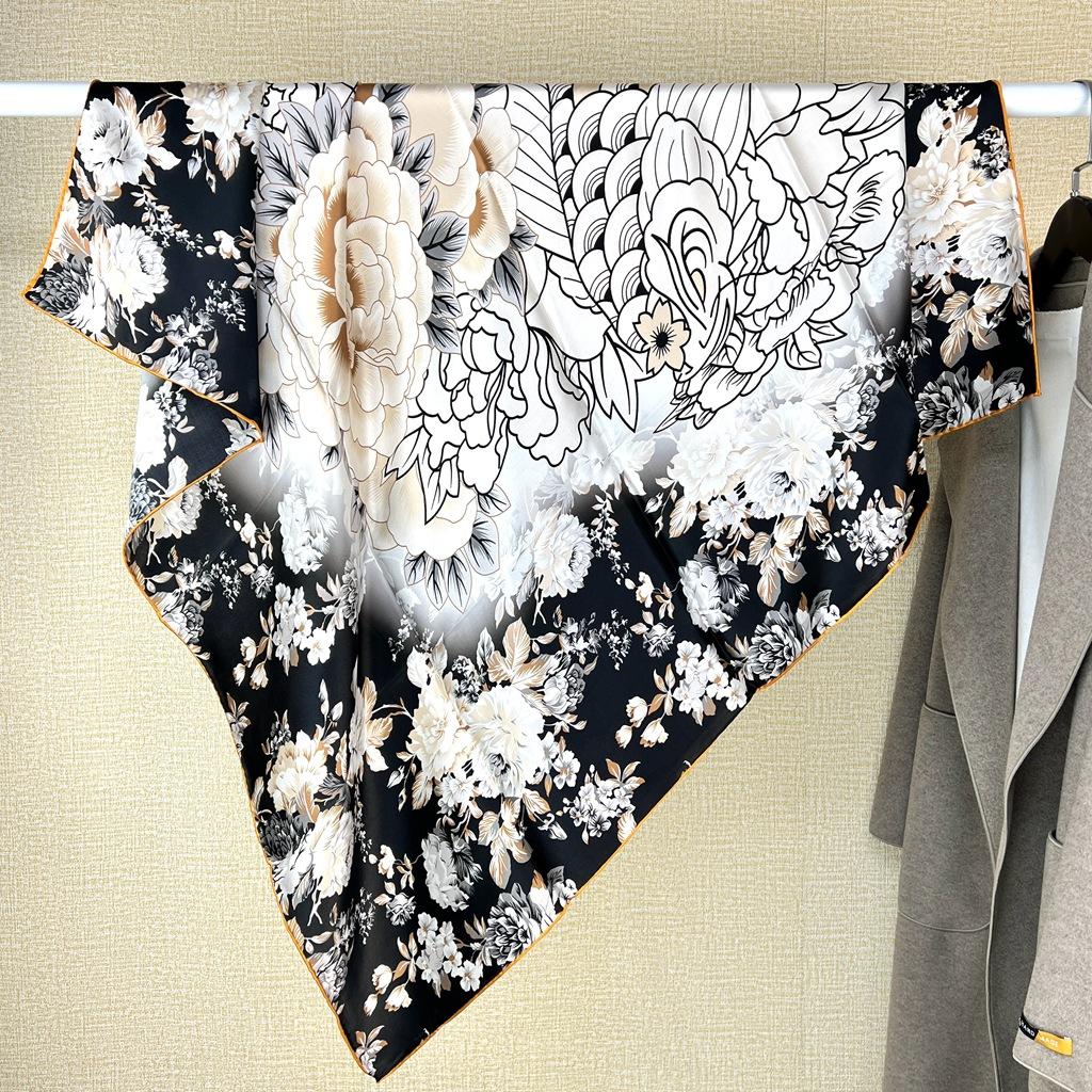 Silk Scarf Femininity Flowery Four-Season Versatile Mulberry Silk Square Scarf Elegant Light Luxury Multi-Functional Shawl