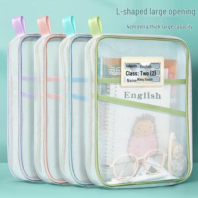 Thickened L-Shaped Zipper File Bag: Transparent, Double-Layered for Student Storage and Organization