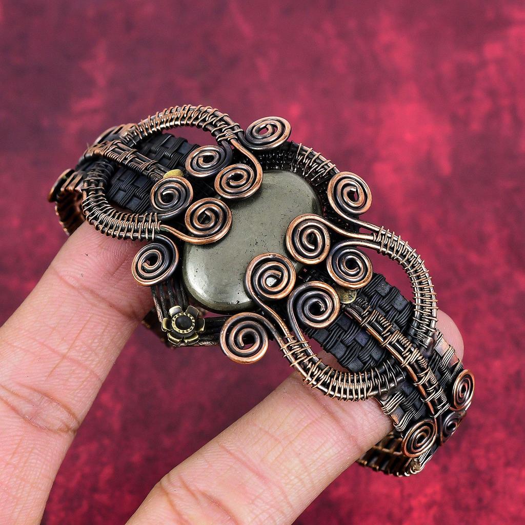 Pyrite gemstone cuff bracelet copper wire wrapped adjustable bangle handmade bangle designer cuff bracelet copper wire jewelry gifts for her