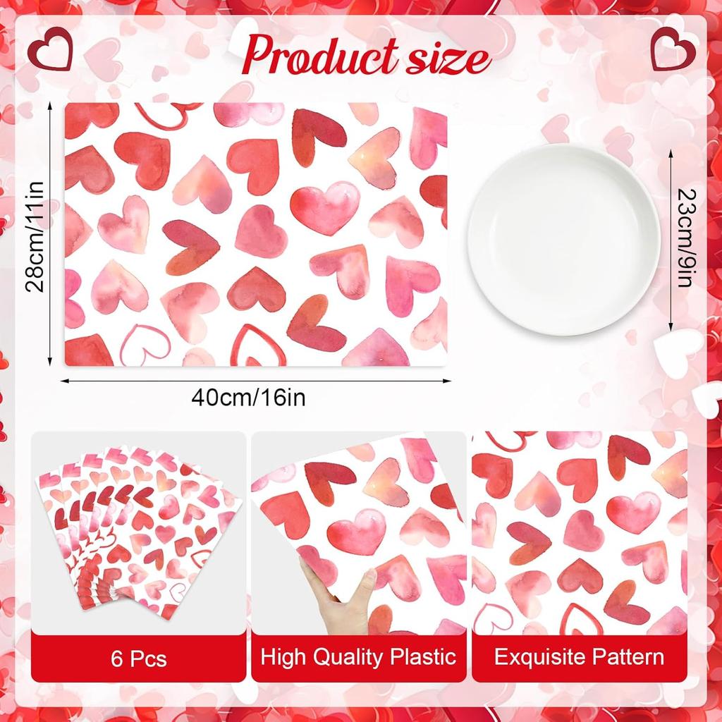 Tarklanda Pink Love Hearts Placemats Set of 6, 11 x 15.7 Inch Washable Vinyl Table Mats Valentine Holiday Plastic Placemats for Anniversary Wedding