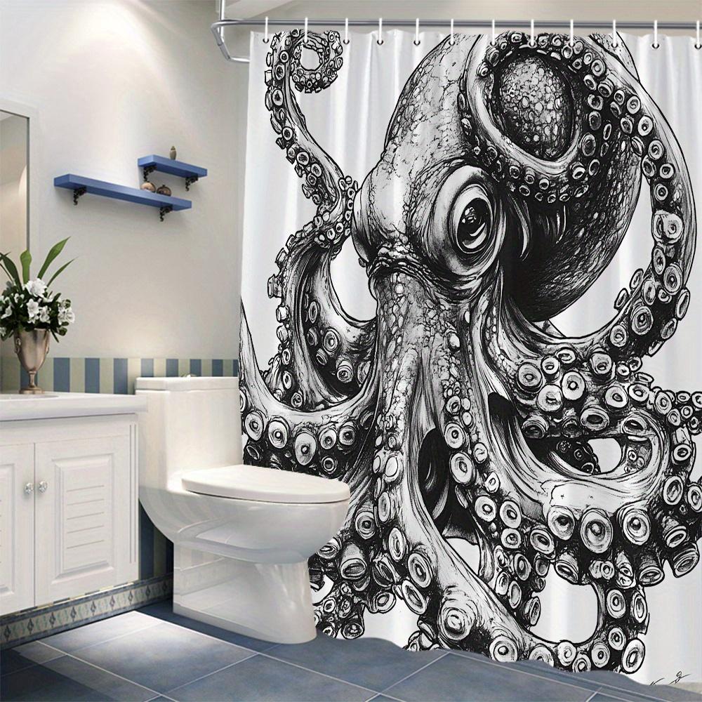 

1pc Black & White Ink Octopus Shower Curtain - Realistic Cartoon Style with Massive Tentacles & Intricate Patterns 90X180CM