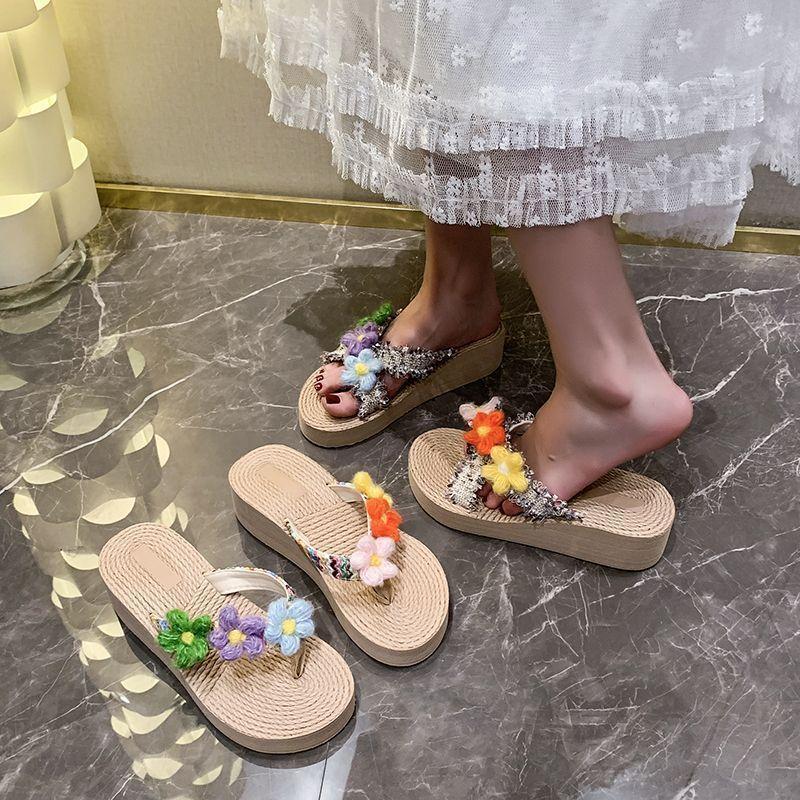 Thai style flower thick-soled flip-flops female ins2025 seaside vacation beach shoes Xishuangbanna pinch sandals