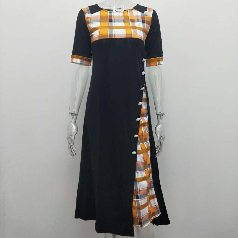 GMXIA Dress O-Neck Collision Colour Midi Sleeve Irregular Long Dresses