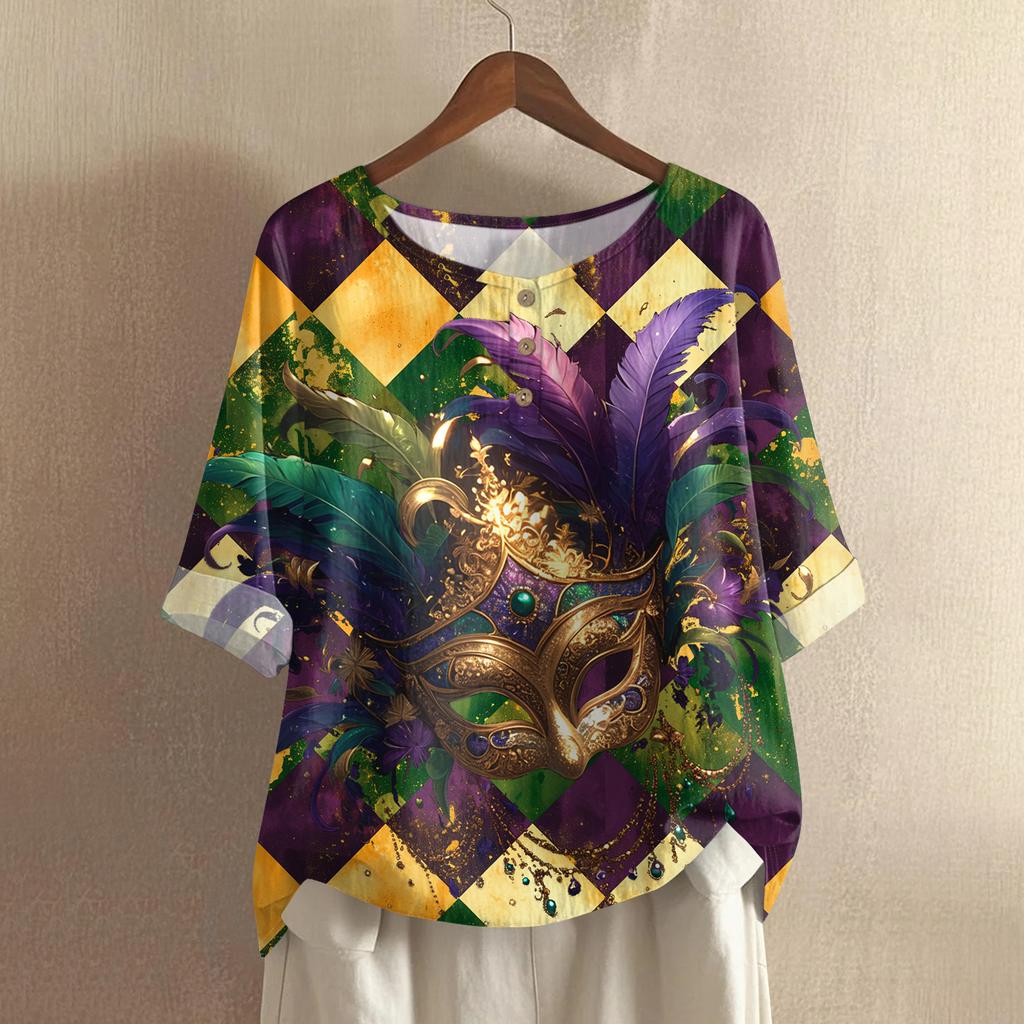 Women's Fashionable And Casual Shirt Half Sleeve Round Neck Print Cotton And Linen Blouse Top