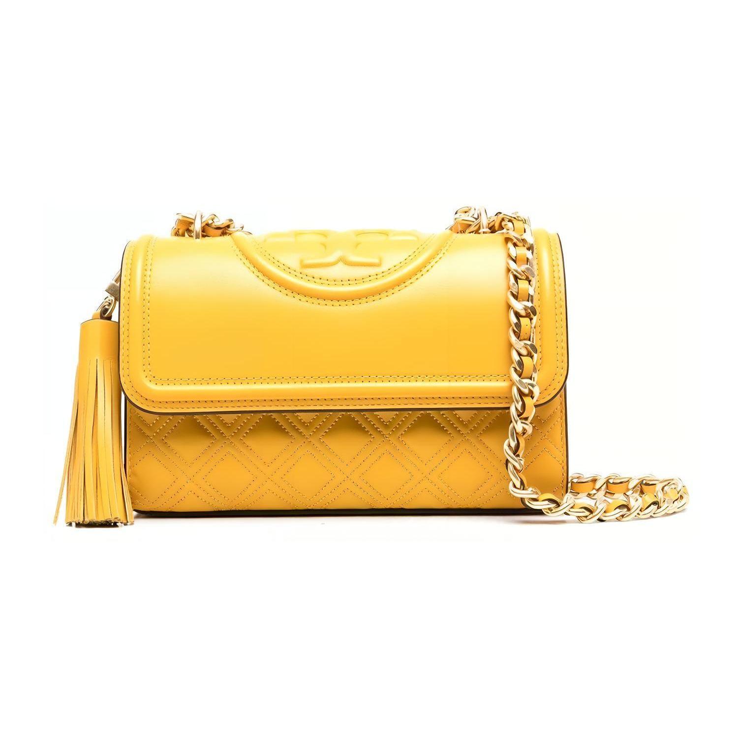 

Tory Burch Fleming Matte Diamond Quilted Tassel Pendant Woven Chain Shoulder Bag Flap Lambskin Crossbody Women shoulder bag Yellow 75576-744 Basic Set (Bag+Dust Bag)