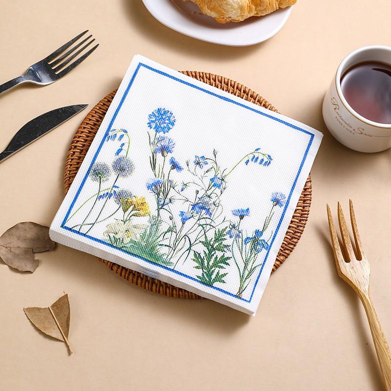 20 st/förpackning Blå Blommor Serie Papper Cocktail Fyrkantiga Middagsservetter För Bröllop Födelsedag Babyshower Dekoration