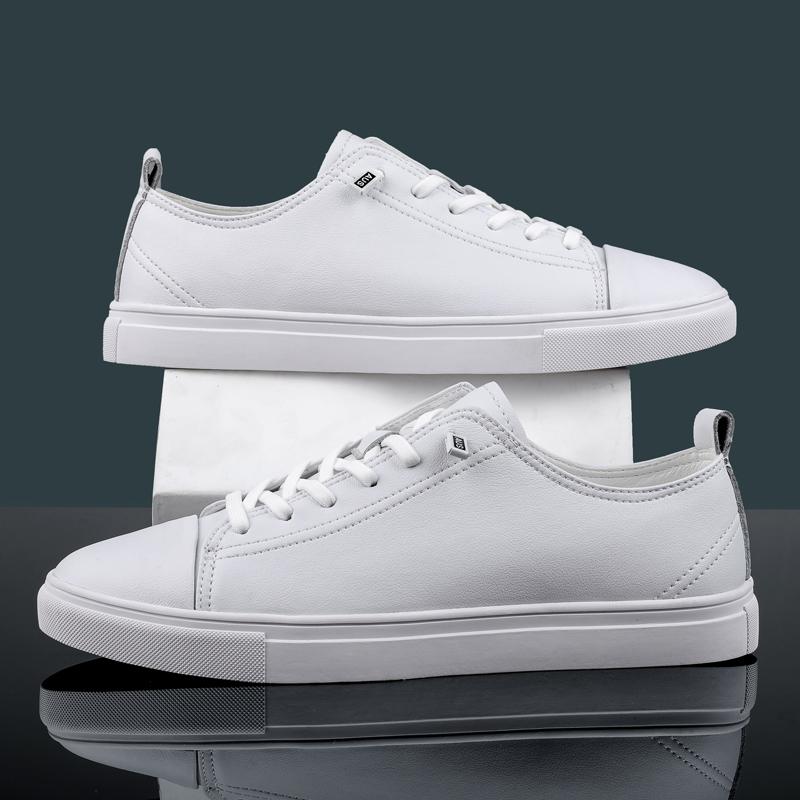 Fashion White Sneakers Men Casual Shoes Genuine Leather Lace-Up Basic Mens Shoes Breathable Leisure Walking Skateboard Flats Man