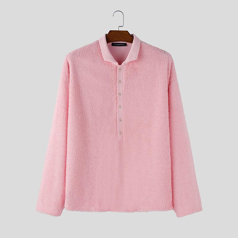 INCERUN Oversized Men Lapel Neck Long Sleeve Buttons Casual Loose Texture Pullovers Tops