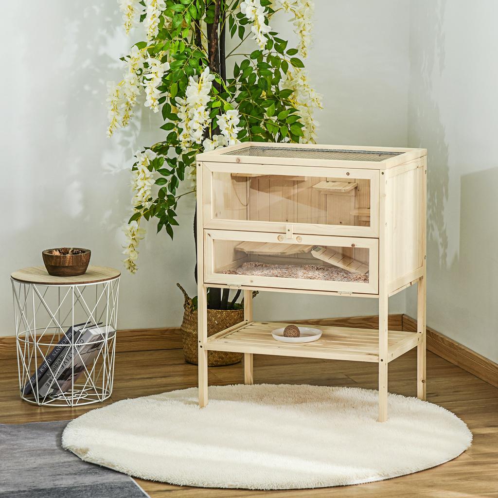 Wooden Hamster Cage, 3-Level, Platforms, Ladders, Window, Opening Roof, 60 x 40 x 80 cm, Natural