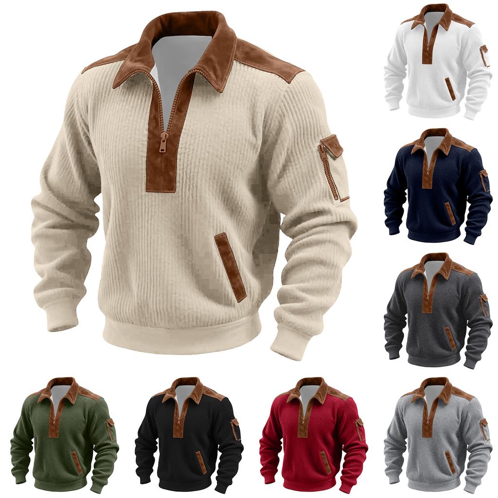 Men's Solid Color Corduroy Zipper Neck Long Sleeve Top Men's Casual Lapel Top