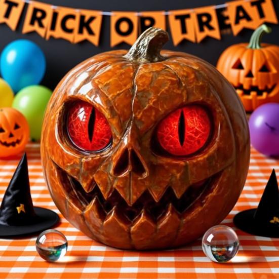 Yousheng Red-Eyed Pumpkin Figurine Handmade Marble-Look Resin Pumpkin Statue with Amber Eyes Halloween Tabletop Shelf Decor