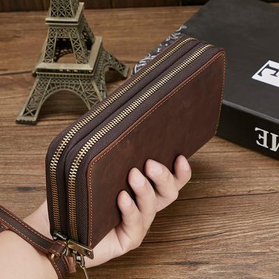 Men's Genuine Leather Wallet Retro Clutch Multi-function Zipper Mobile Phone Bag Crazy Horse Leather Long Wallet