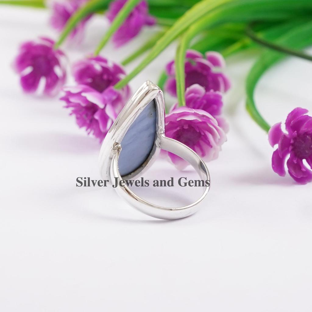 Blue Opal Ring, 925 Sterling Silver Ring, Gift for Sister, Long Teardrop Ring, Birthstone Ring, Handmade Ring