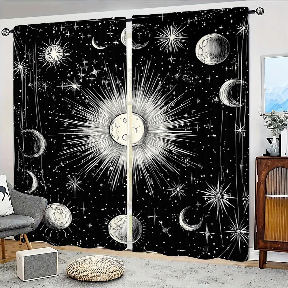 2Pcs Sun And Moon Printed Curtains Boho Exotic Decor Curtains For Bedroom Living Room Bohemian Tribal Black Window