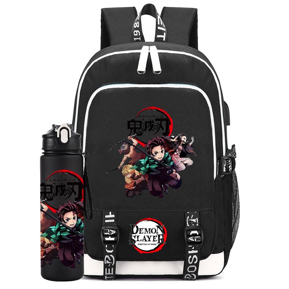 2Pcs/set Anime Demon Slayer Printed Backpack Large Capacity Waterproof Bookbag With 750ml Water Bottler Laptop Student Boy Girl Bookbag Gift