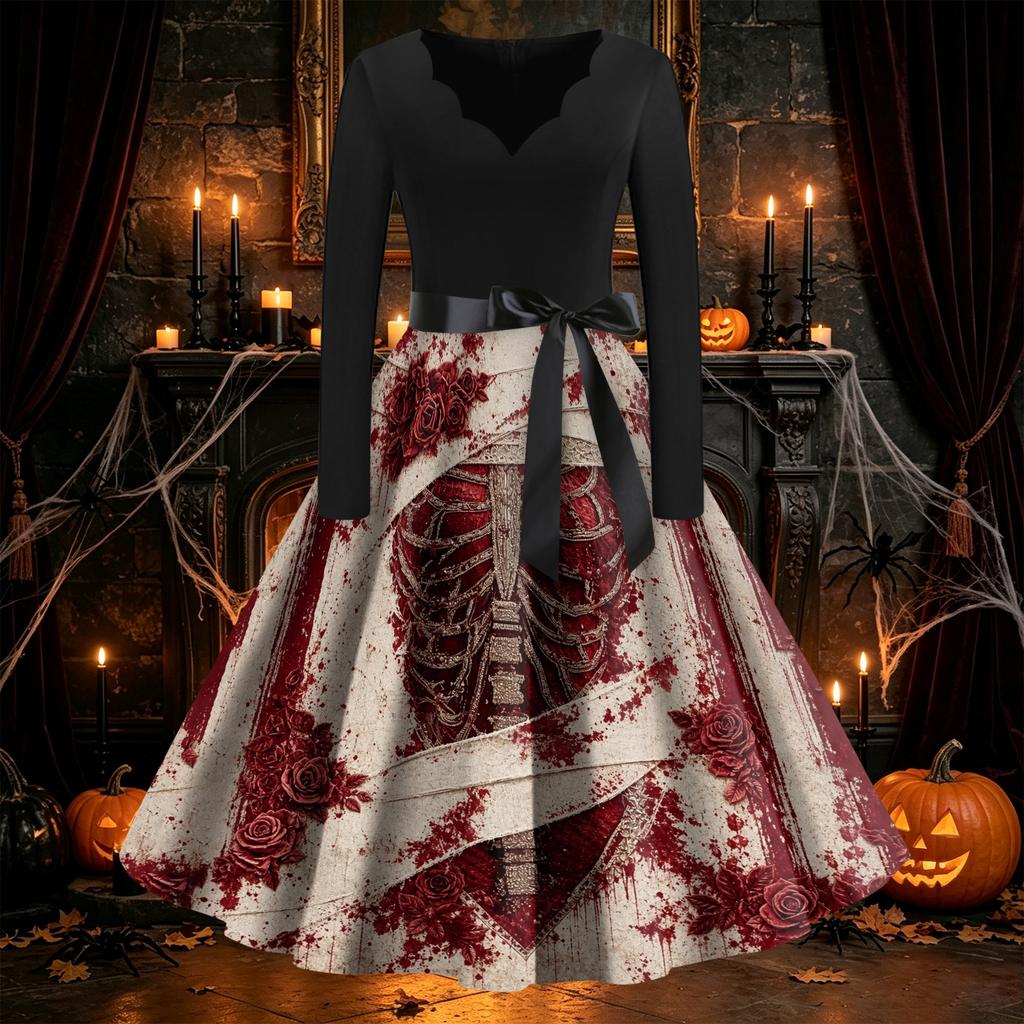 Women's Vintage V-Neck Long Sleeve Swing Dress with Halloween Print for Party Costume