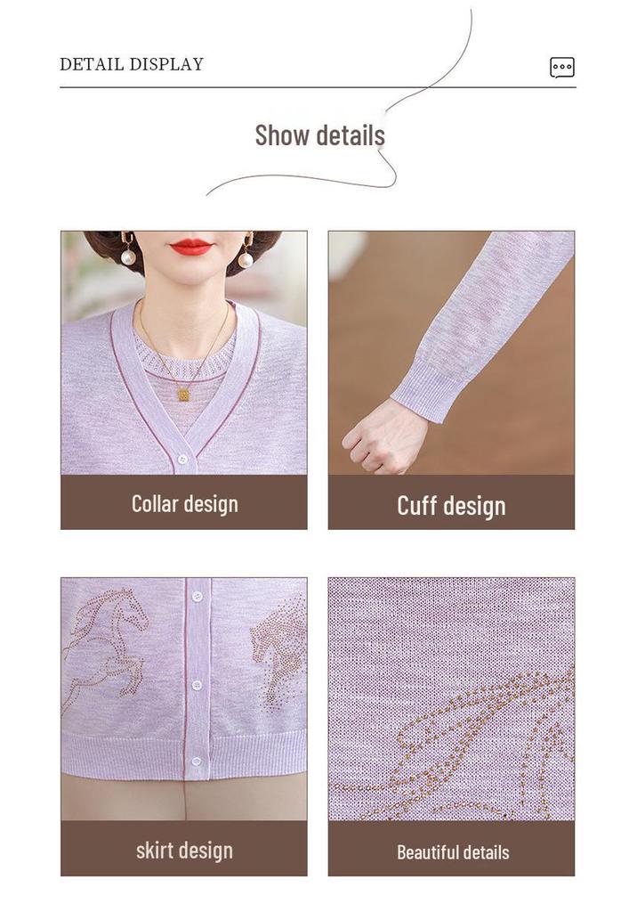 Spring 2026 Elegant Chinese-Style Knitted Two-Piece Cardigan Set for Middle-Aged & Elderly Women