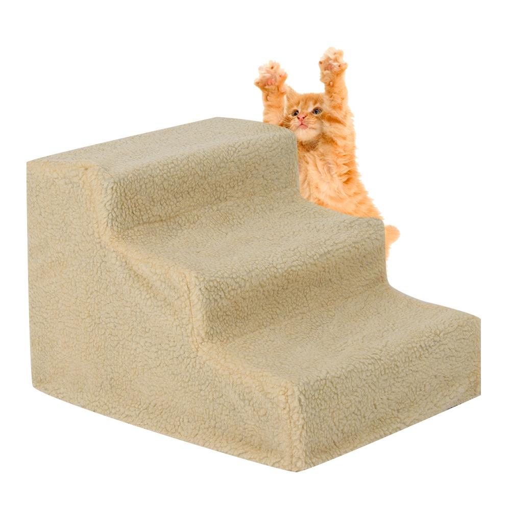 3 Steps Pet Dog Cat Stairs Ramp Ladder with Removable Cover for High Bed(Beige)
