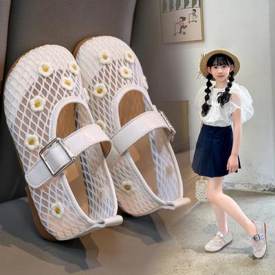 Fashion Mesh Silvery Ballet Shoes Girl Summer New Flat Hollow Mesh Hollow Sandals Breathable Single Shoe Fishnet Shoes Children Sandals