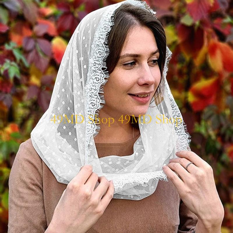49MD Elegant Lace Trim Bridal Veil Russian Shawl Mantilla Veil for Catholic Church