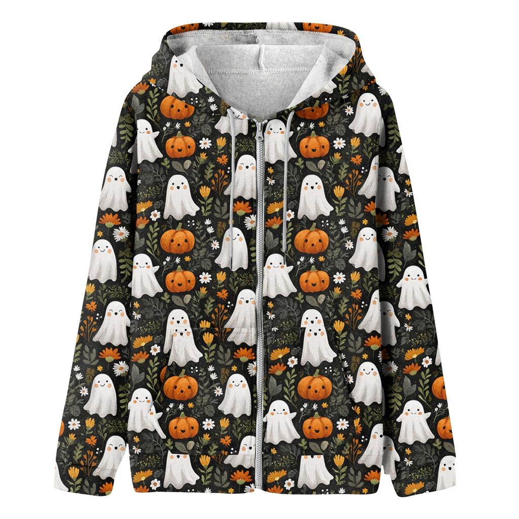 Women's Fashion Casual Halloween Printed Sweatshirt Long Sleeve With Pocket Cardigan Jacket Zipper Hoodie Coat