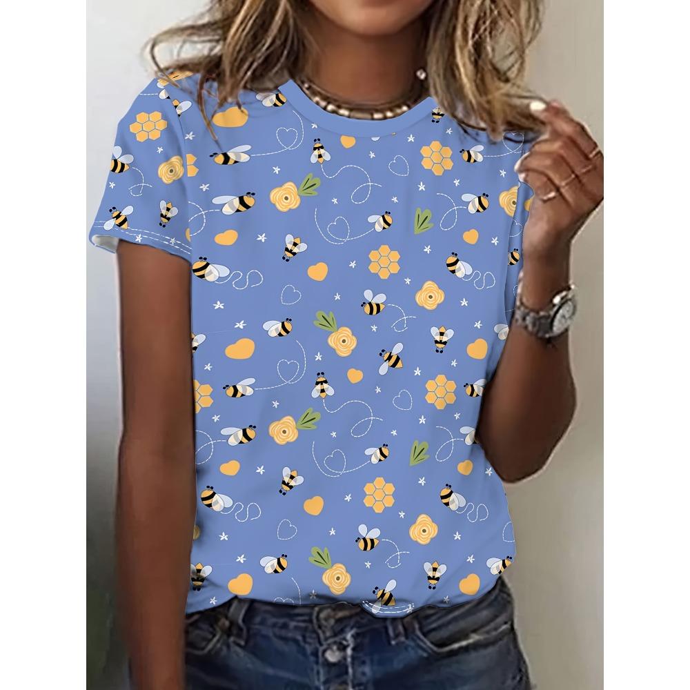 Women's Casual T-shirt, Round Neck Summer T-shirt, Short Sleeved, Bee Flower Print, Outdoor Women's Fashion, Large Clothing